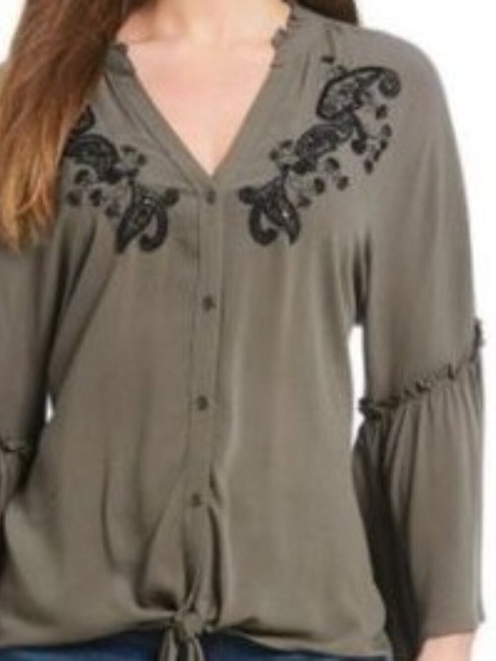 Democracy Olive Green Beaded Embroidered Paisley Design Blouse Sz S